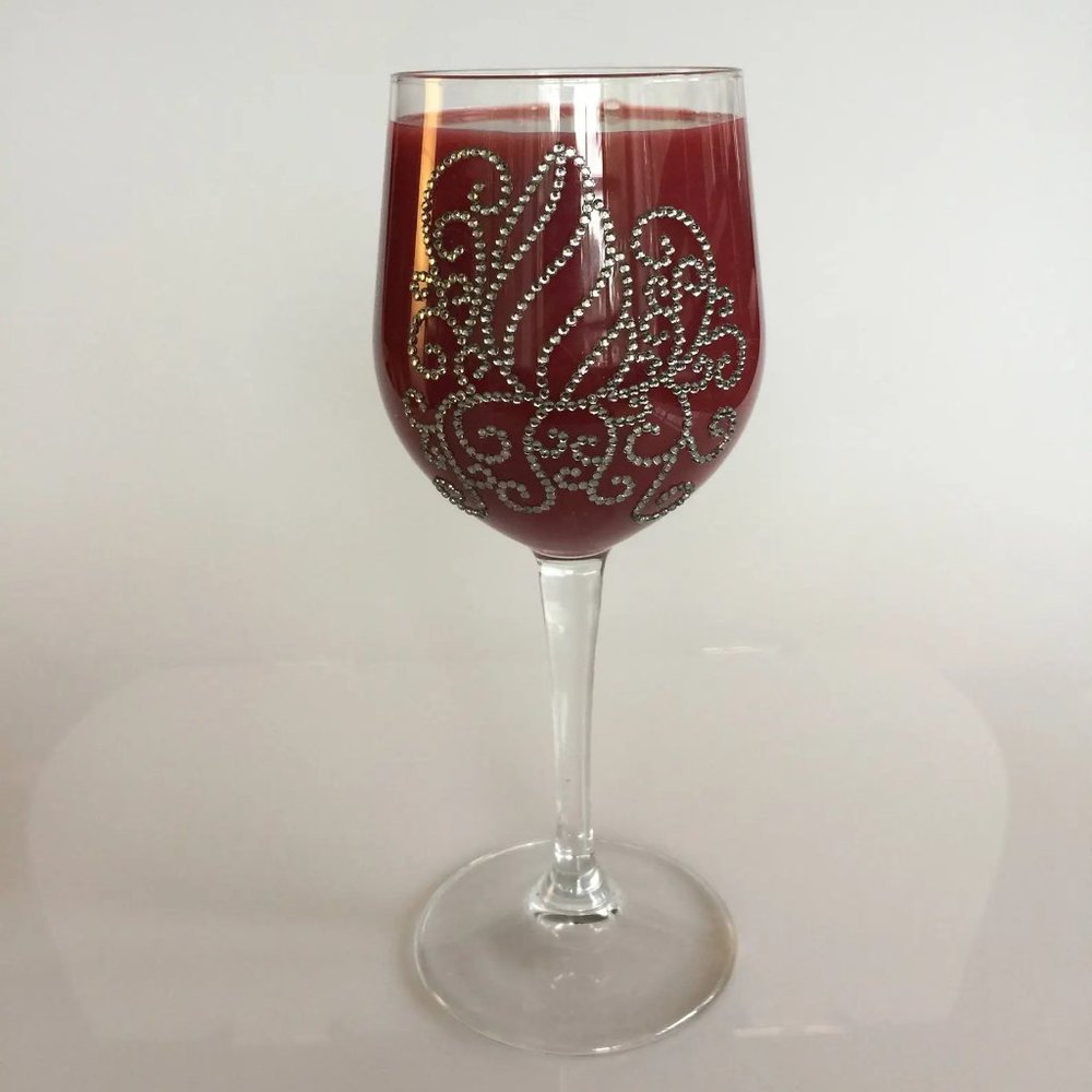 Wine glass, unique, handmade. Two-sided, same design. Gray rhinestones